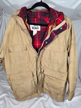 Vintage Woolrich Hooded Mountain Parka Jacket Tan Plaid Lined